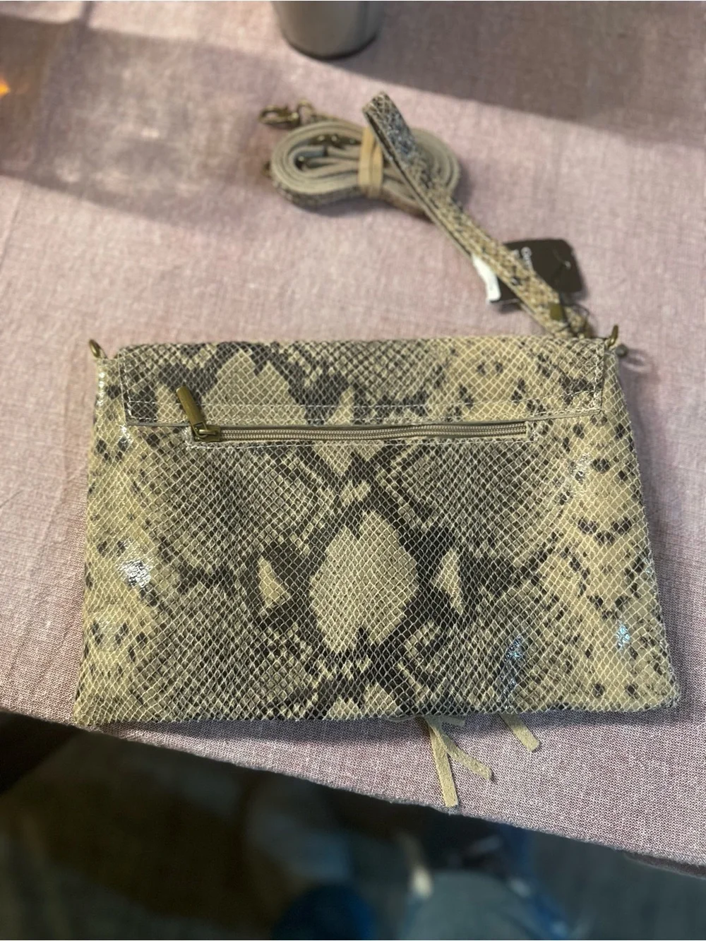 Snake-Print Tassel Envelope Clutch in Beige